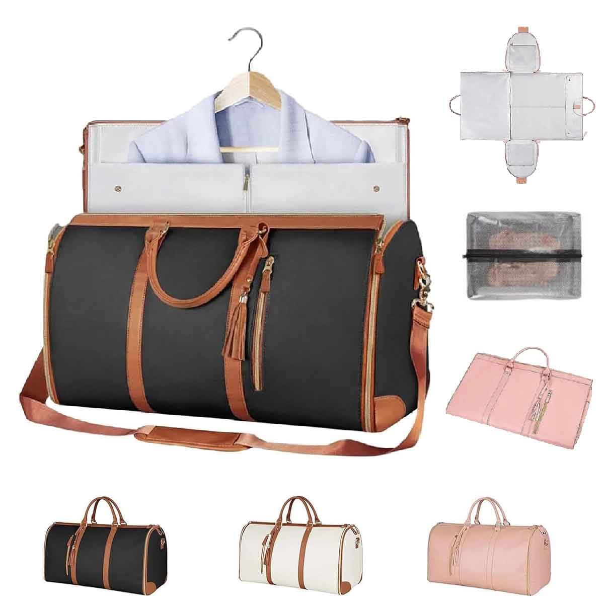 Faltbare Reisetasche,Pu-Leder Travel Bag Mit Schuhbeutel, 2 In 1 Reisetasche Damen Wasserdicht,Umwandelbarer HandgepäCk Anzugtasche FüR Reise,FüR üBernachtung,Urlaub,Wochenenden, AusflüGe (Schwarz)