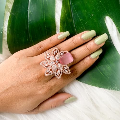 I Jewels Rose Gold Plated Indian Wedding Bollywood Stylish Latest Fashionable Design Floral CZ American Diamond Adjustable Finger Rings For Women & (FL242)4