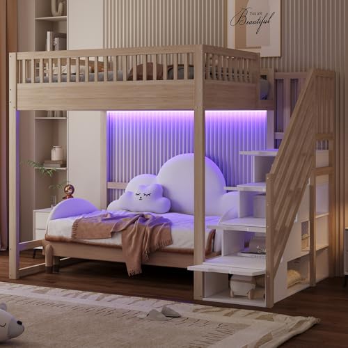 Letto a soppalco in legno massello 140x200cm,con luce LED,ringhiera e scaletta portaoggetti,Letto per bambini,Scaletta di sicurezza intercambiabile su entrambi i lati,Colore naturale(Sans materasso)