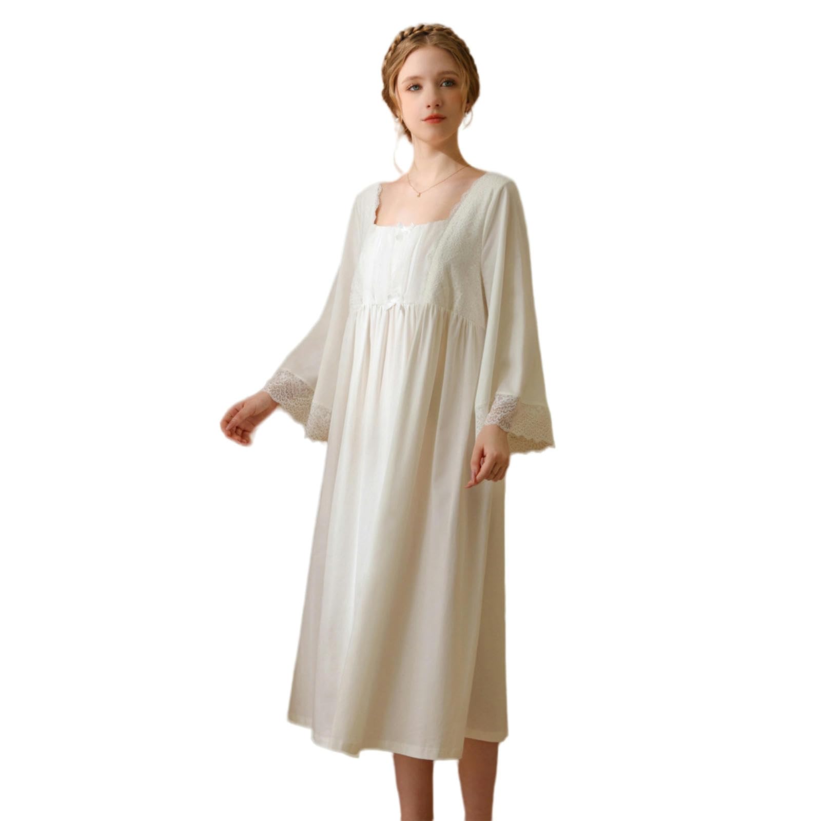 Camicia da Notte Donna Princess Nightdress Women Women Spring And Autumn Long Lace Sweet Girl Cotton Long Dress Lomme-Bianco-XL
