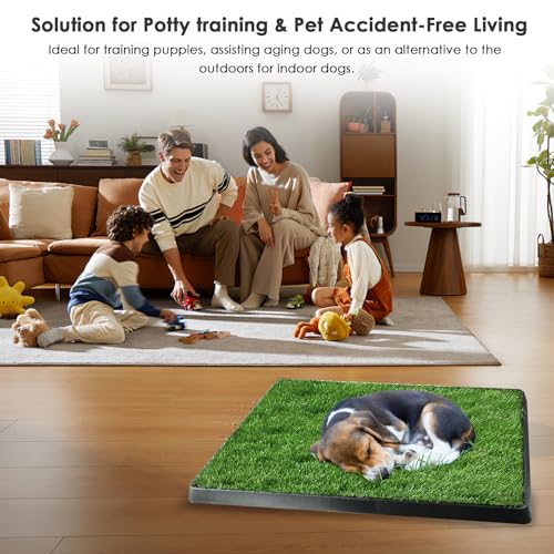 Image of TeqHome Dog Grass Pad with Tray, Dog Litter Box, Reusable Artificial Pee Grass Pad for Dogs Indoor & Outdoor, Dog Potty Tray, Washable Puppy Pee Pad Turf for Dogs to Pee on Balcony Patio (25 inch x 21 inch)