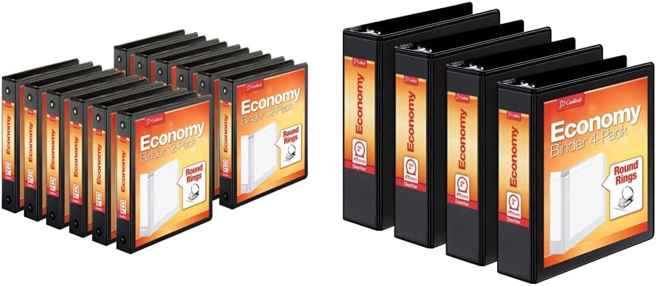 Cardinal Economy 3-Ring Binders, 1.5", Round Rings, Holds 350 Sheets, Black, Carton of 12 & Economy 3 Ring Binder, 2 Inch, Presentation View, Black, Holds 475 Sheets, 4 Pack of Binders