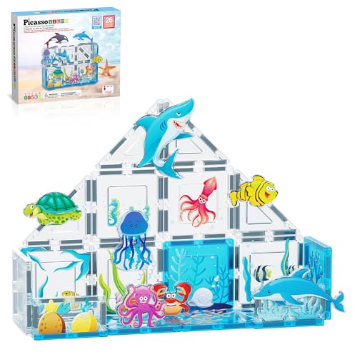 PicassoTiles 26pcs Magnetic Tiles Magnet Tile Building Blocks Marine Animal World Themed Set with 8 Ocean Character Action Figures STEM Learning Toy Construction Toddlers Boys Girls Ages 3+ PTQ25