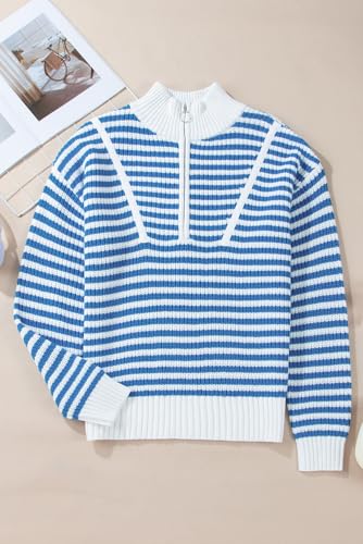 Women's Sky Blue Stripe Zip-Up Collar Drop Shoulder Sweater3