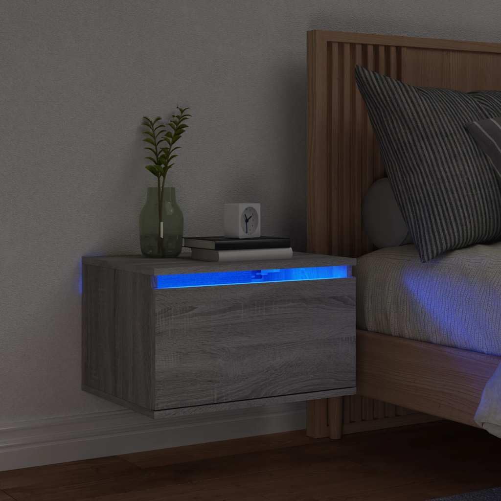 Mesita de Noche Flotante con Luces LED, Madera Contrachapada, Diseño Moderno con Iluminación RGB, Mesitas de Noche, Mesa Auxiliar Sofa, para Dormitorio o Salón, Color Gris Sonoma, 50x36x30 cm