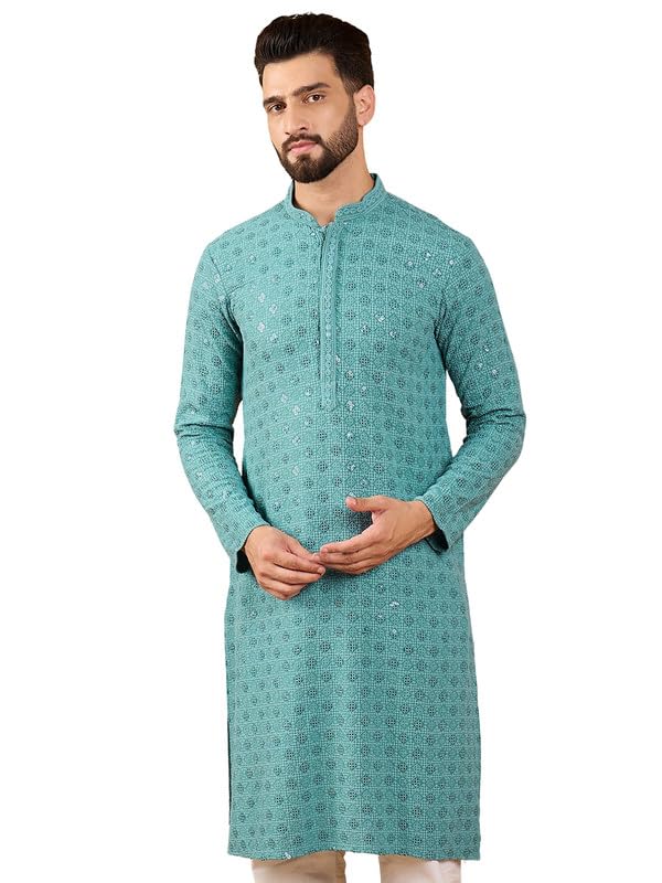 Image of Men's Solid Embroidered Long Straight Kurta | Men's Kurta | Embroidered Chikankari Kurta for Men | Straight Fit Kurta for Men