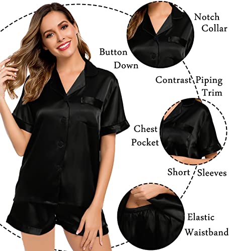 Image of LecGee Womens Silk Satin Pajamas Short Sleeve Loungewear Two-Piece Sleepwear Button-Down Pj Set