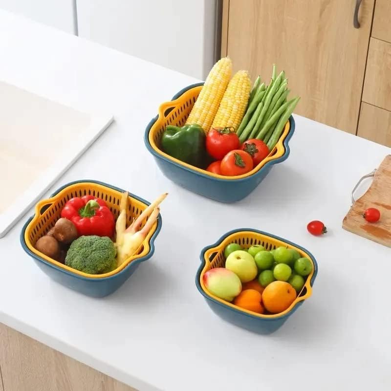 Miniatura 5 de Coladores y coladores de alimentos - Cuenco de limpieza de frutas Cestas de verduras para lavar coladores Juego de 3 Colador apilable de doble