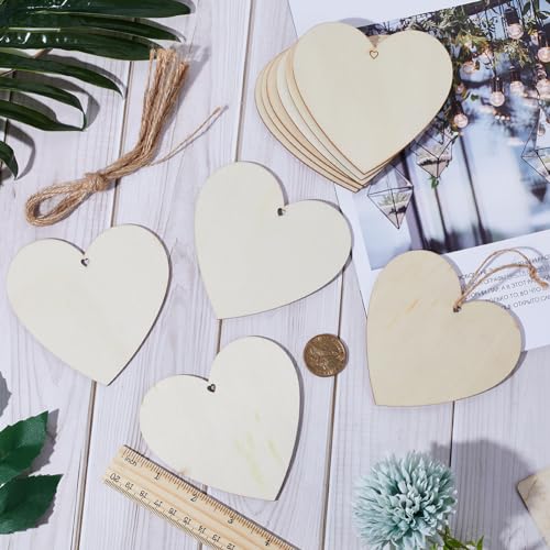 GORGECRAFT 10Pcs Heart Unfinished Wood Ornaments Wooden Hearts Crafts Rustic Blank Wood Craft Kit with Hemp Ropes and Predrilled Holes for Hanging Decoration Embellishments DIY Home Decor - Image 3