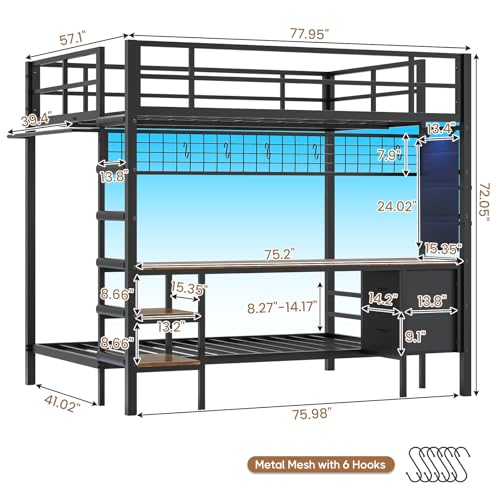 Hasuit Metal Bunk Bed with Desk & Storage, Led Lights & Charging Station, Black