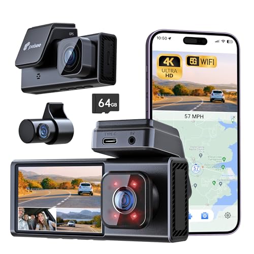 P2 Trio 4K 3 Channel Dash Cam Front and Rear Inside WiFi Built in GPS, 64GB Card Included,4K+1080P+1080P Dash Camera for Cars Wireless Dashcam, ADAS/BSD/LCA,24H Parking Mode,G-Sensor, 256GB Max