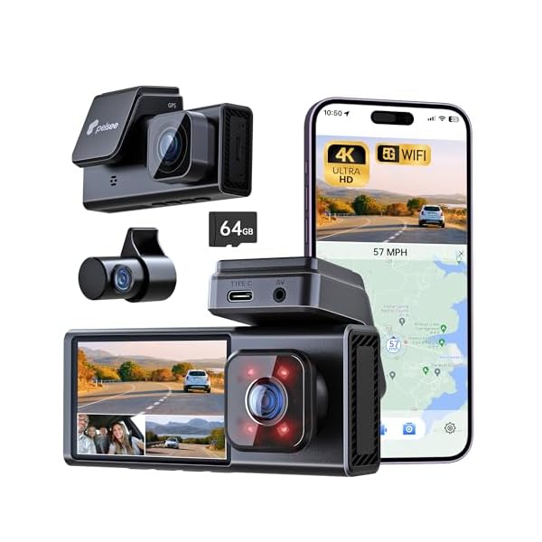 P2 Trio 4K 3 Channel Dash Cam Front and Rear Inside WiFi Built in GPS, 64GB Card Included,4K+1080P+1080P Dash Camera for Cars Wireless Dashcam, ADAS/BSD/LCA,24H Parking Mode,G-Sensor, 256GB Max