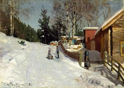 Toile enfants jouant dans la rue du village enneigé Peder Monsted souvenir enfance