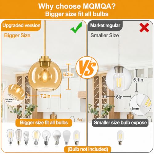 Image of MQMQA 2 Pack Gold Globe Pendant Lights, Mid Century Gold Pendant Light Fixtures, Amber Glass Pendant Lights Kitchen Island Adjustable Hanging Fixture for Dining Room (Bulbs not Included)