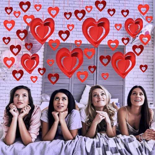 Image of 46 Pcs Valentine's Day Hanging Heart Ornament Decorations, Red Love Glitter Swirl Hollowed Heart Decorations for Tree Ceiling Romantic Bridal Shower, Wedding, Engagement, Anniversary
