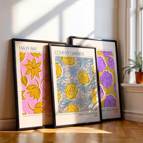 Image of NoWorries Trendy Abstract Floral Art Wall Frames | Modern Botanical Prints Inspired by London Paintings 300 GSM Premium Prints | Synthetic Wooden Stylish Frame Wall Decor for Bedroom, Living Room, Cafe & Office (Set of-3) (BLACK, ART-8, 17X25INCHES)