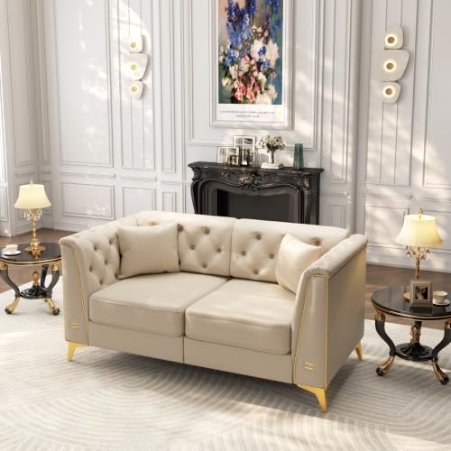 Image of KEIKI 62 inch Faux Leather Chesterfield Sofa with Handmade Button Tufted, Beige
