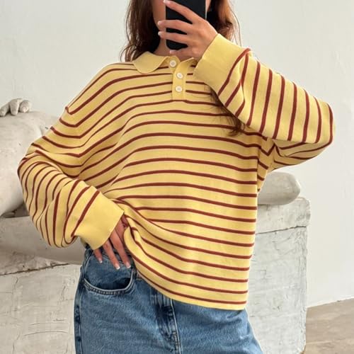 Women Oversized Striped Polo Sweatshirt Collared Long Sleeve Preppy Sweater Pullover Vintage Aesthetic Rugby Shirts3