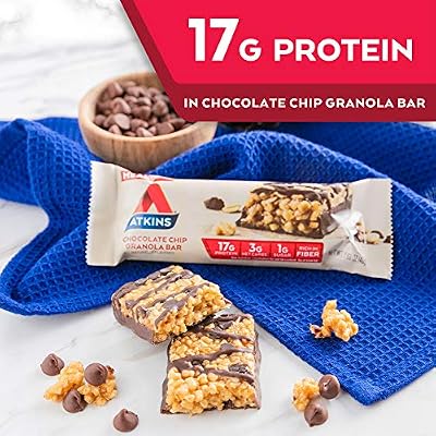 Atkins Chocolate Chip Granola Protein Meal Bar, High Fiber, 17g Protein, 1g Sugar, 3g Net Carbs, Meal Replacement, Keto Friendly, 8 Count