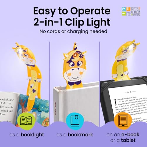 Image of Gifts for Readers & Writers Book Light for Kids, Clip On Reading Light for Bed, 2in1 Flexilight Pals & Bookmark, Small & Lightweight with a Soft Glow, 2 Batteries Included, Unicorn Yellow