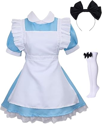 French Maid Outfit Doll Collar Lolita Dress for Women, Anime Cosplay Outfit Set for Halloween Party Theme Cafe