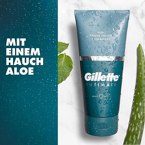 Gillette Intimate Rasierset für Männer, Nassrasierer Herren — Inkl. 8 Rasierklingen + 2in1 Rasier und Duschcreme für den Intimbereich (177 ml) + Inklusive Duschhalterung & Reiseetui