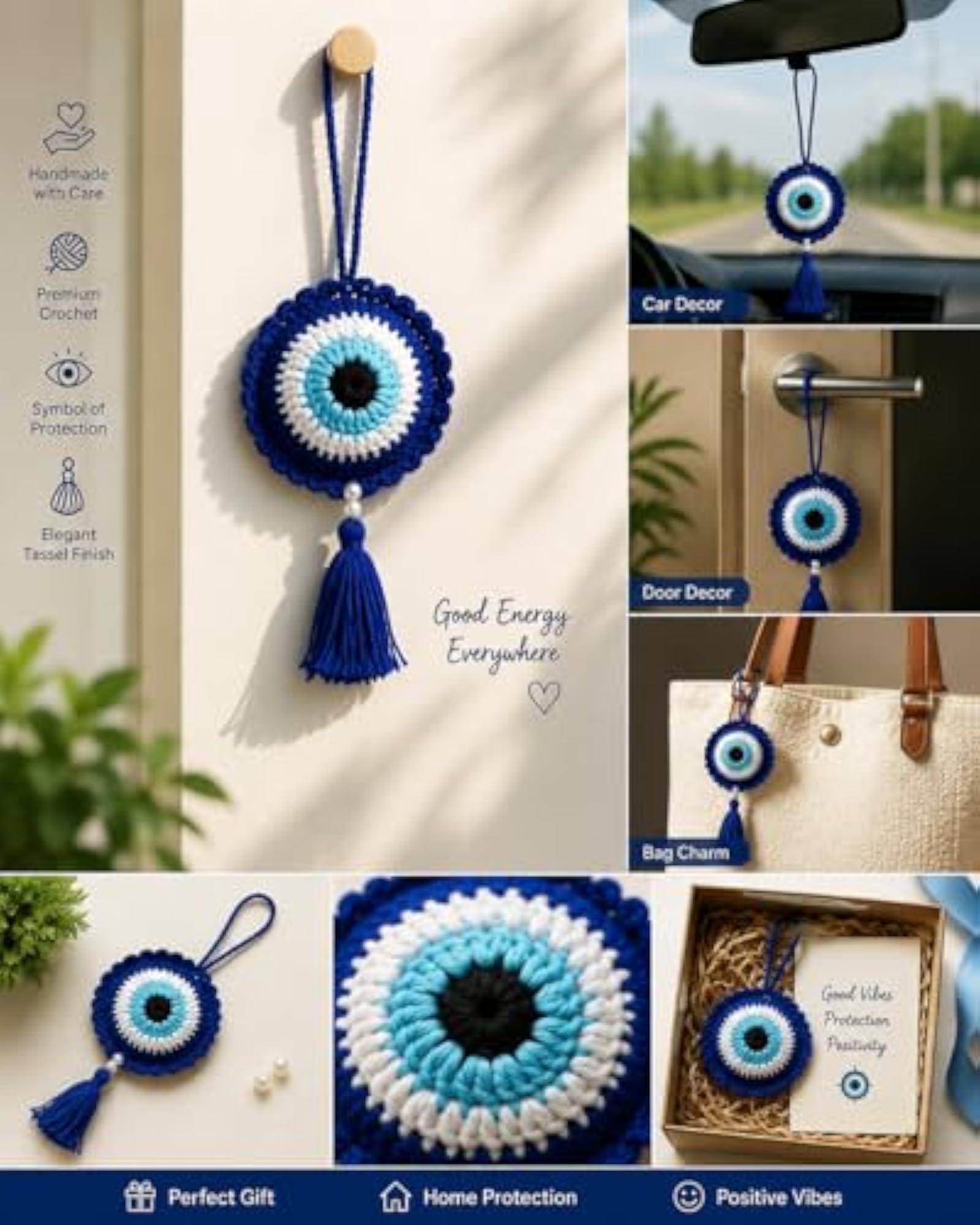Handmade Blue & White Evil Eye Dreamcatcher Wall Hanging, Boho Decor