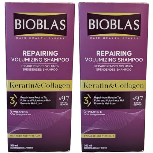 Bioblas Champú reparador de volumen con queratina y colágeno, paquete de 2 (2 x 360 ml) – Contra la caída del cabello, 97% extra reparador para cabello dañado y fino, pack de ahorro