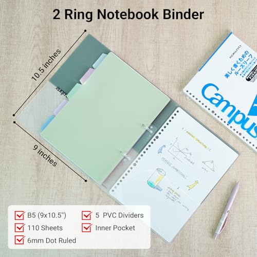 Image of KOKUYO 5 Subject Spiral Notebook Journal, Campus 110 Sheets B5 Refillable Notebook with Dividers Tabs, 6mm Dot Lined Binder Notebook for Work School Note Taking. 9 inch x 10.5 inch, Pink