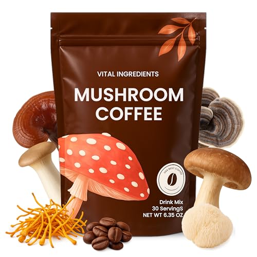Ryzen Mushroom Coffee with 6 Adaptogens and MCT Oil, Organic Medium Roast Instant Coffee Alternative for Energy, Gut Health, Immunity with Lions Mane & Turkey Tail, 30 Servings
