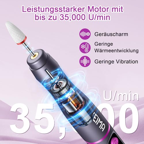 Nagelfräser Kabellos 35000 u/min, EWEIMA 13 in 1 Mehrzweck Nagelfräser für Gelnägel, 1000mAh Elektrische Nagelfeile, 35 Geschwindigkeiten, Professionell Nail Drill mit 66 Schleifbändern (Grau)