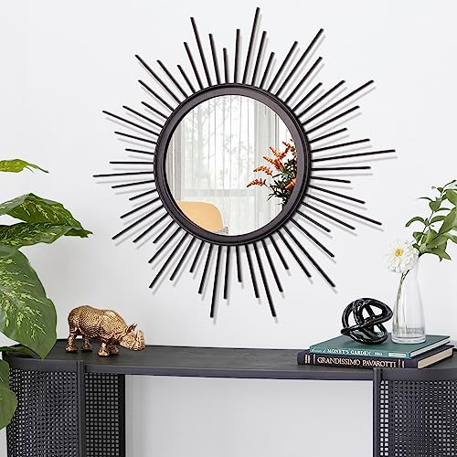 HLFMVWE Espejo de pared negro con rayos de sol, pequeños espejos decorativos redondos de metal moderno para sala de estar, pasillo, dormitorio, baño, entrada de granja, 30 x 30 cm