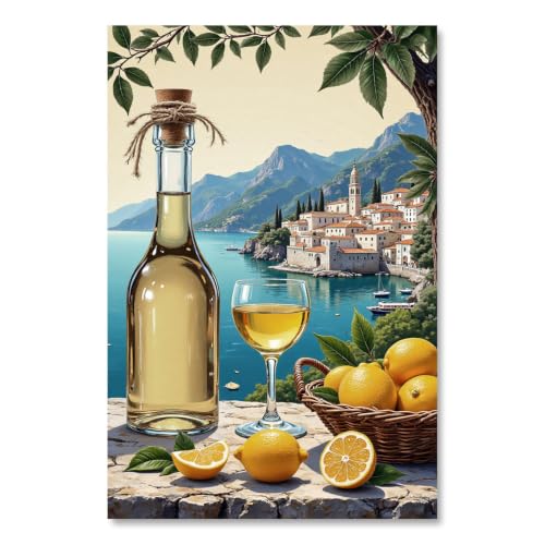 Still Life Canvas Wall Art Citrus Fruit Glass Bottle Harbour Town Oil Painting Mediterranean Tabletop Print Home Decor for Living Room Bedroom Kitchen