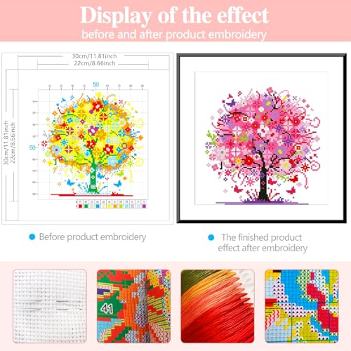 Image of Zhenqing Pink Blossom Tree Stamped Cross Stitch Kit for Beginners, 11CT Printed 11.8 x 11.8 Inch Romantic Flower Tree Pattern with Threads, 2 Needles and English Instructions, DIY Wall Decor Gift