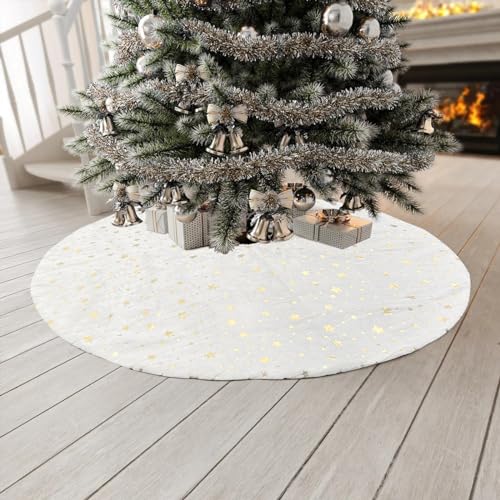 Deggod PSTR02A Plush Christmas Tree Skirts, 30 Inches Luxury White Faux Fur Xmas Tree Base Cover Mat With Gold Stars thumb #3