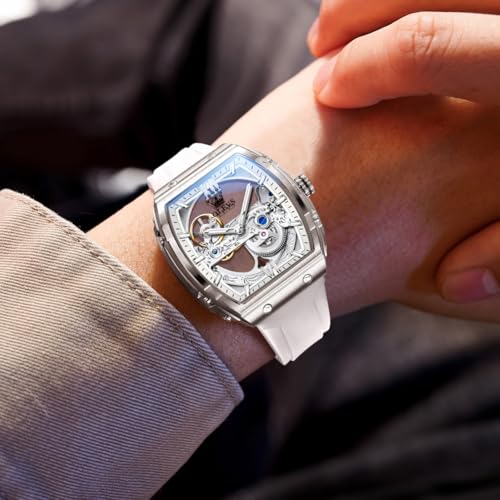 Image of OLEVS Skeleton Mechanical Watch Men Self Winding Luxury Business Dress Male Watch Wrist Watches Calendar Red Watches