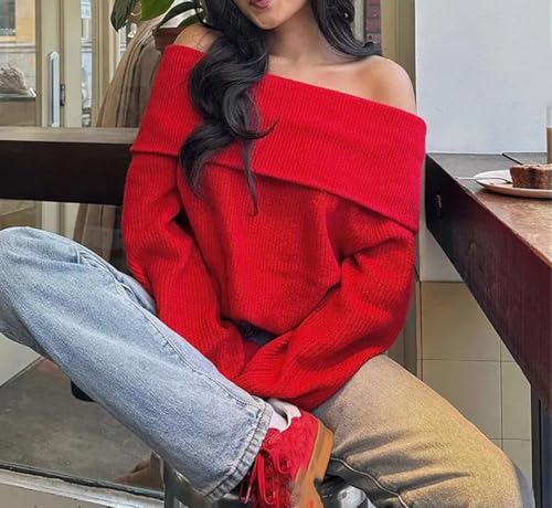 Women Fashion Solid Off Shoulder Sweater Long Sleeve Knitted Pullover Sweater4