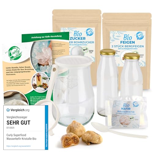 Curly Superfood Bio Wasserkefir Starterset - Besonders einfach frischen Wasserkefir herstellen (unendlich viel) - Wasserkefir Kristalle Bio inkl. Zubehör, Erfolgsgarantie & ausführlicher Anleitung