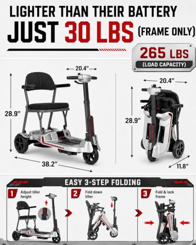 Image of 3 Wheel Lightweight Folding Mobility Scooter for Adults & Seniors, 8Ah /12Ah | 30 lb frame, 33 inch turning radius, dual 8Ah /12Ah batteries up to 20 /32 miles, one-lift fold for halls, stores and cars
