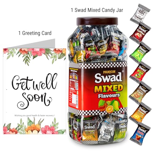 Image of Swad Get Well Soon Gift with Card (Swad Mixed Flavours Candy 200 Jar & 1 Greeting card) 2 units