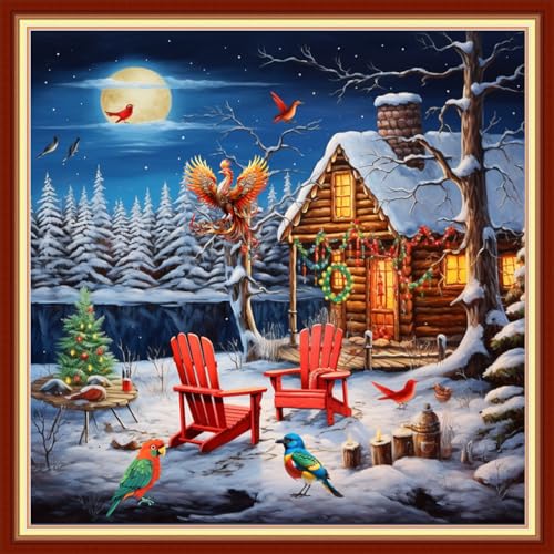 Image of Foxdiviy Stamped Cross Stitch Kits Full Range of Embroidery Needlework Starter Kits for Beginners Adults 11CT Embroidery Patterns Art Crafts DIY Needlepoint Kits-Snowy Night 18x18 inch