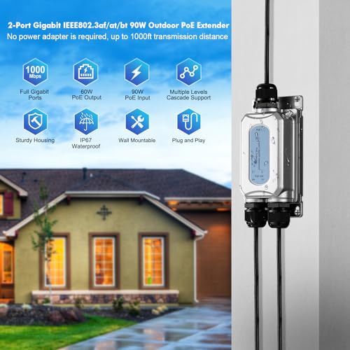 Image of MokerLink Outdoor 3 Port Gigabit PoE Extender, IEEE 802.3 af /at /bt PoE Repeater 90W, 10 /100 /1000Mbps, 1 PoE in 2 PoE Out, Wall Mount IP67 Waterproof POE Passthrough Switch