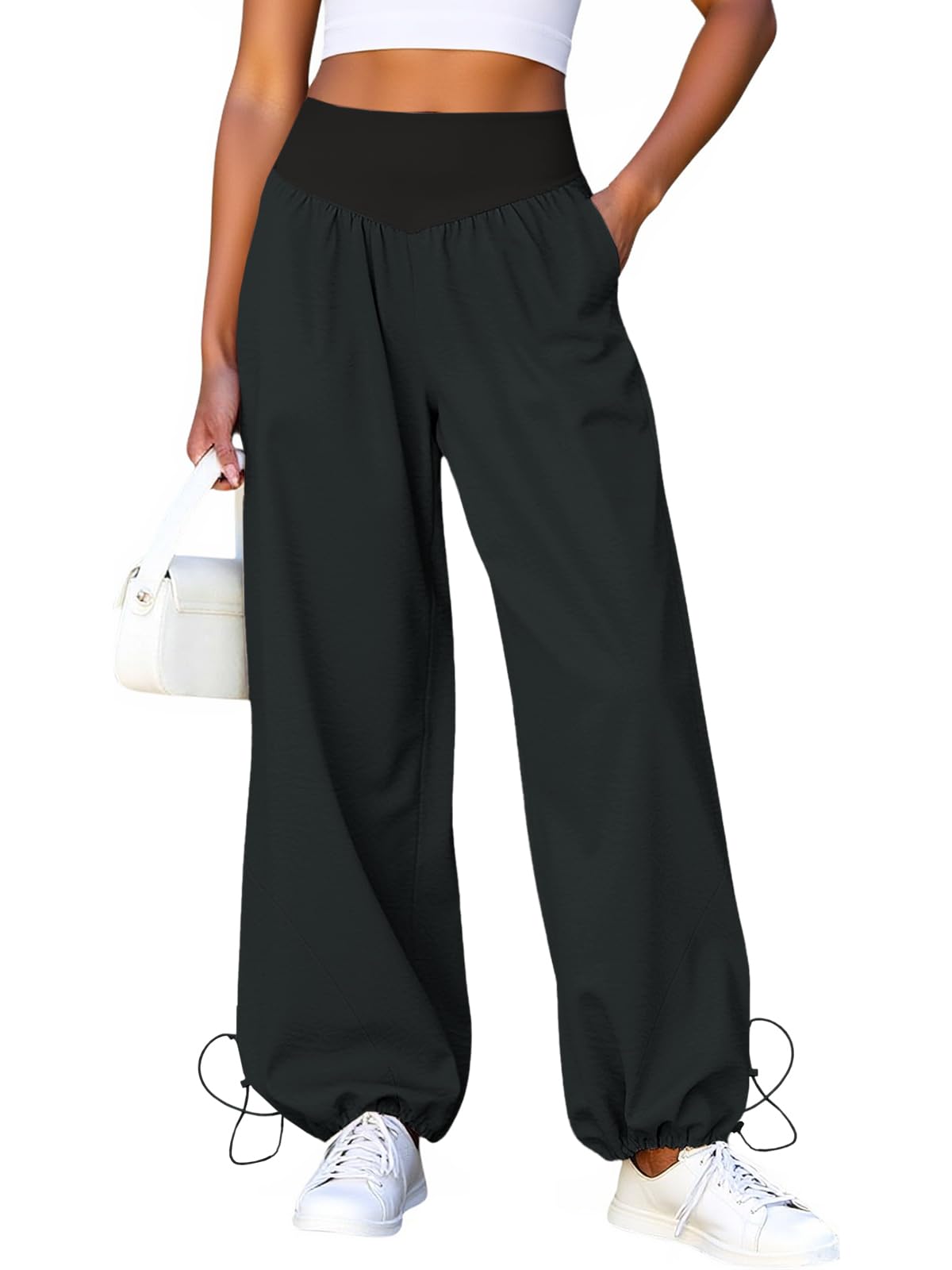 Fisoew Damen Hose mit weitem Bein Lässige Baggy Trainingshose mit hoher Taille Lounge Hose mit Taschen und Kordelzug am Saum