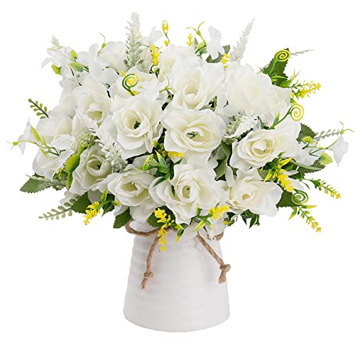 LESING Flores Artificiales Gardenia de Seda con Modernos Ceramica Jarrones de Flores para 3 Piezas de Ramo Novia para Centro de Mesa Decoración, Oficina, Hogar, Cocina, Regalo - Blanco