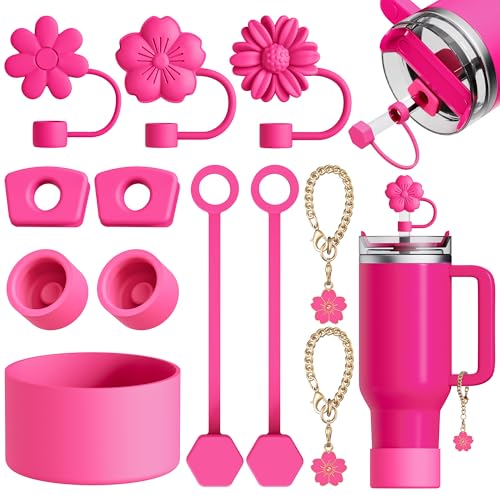 Bozfoxa 12Pcs Compatible with Stanley Cup Accessories - 3 Flower Straw Toppers for Stanley Straw Cover 9-10 mm 1 Silicone Boots 6 Spill Proof Stopper 2 Charms for 30&40 Oz Tumbler Hot Pink