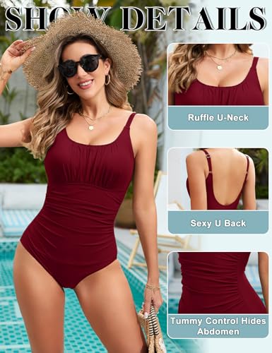 RITOSTA Badeanzug Damen Bauchweg Push Up Bademode Shape Badeanzüge Einteilige Tankini Sexy Schwimmanzug Strandkleid Elegant Swimsuits Badekleid(Rot,L)-4