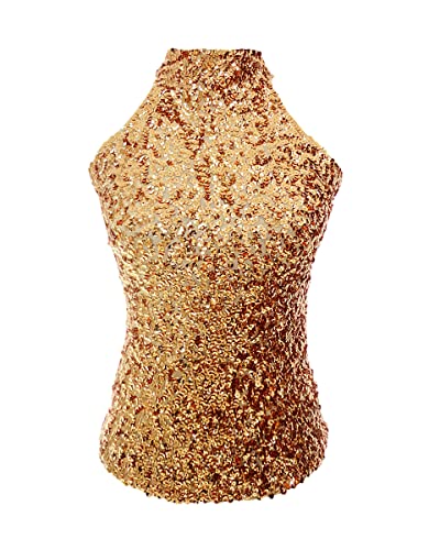 Women sparkly sequin high halter neck sleeve vest top girls latin dance party size clothing (UK Women 4/6/8/10) (Gold)