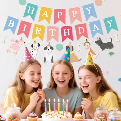 Image of Dog Happy Birthday Banner, Dog Themed Birthday Decoration, Colorful Dogs Party Decorations with Dogs Garlands Banner for Pet Puppy Birthday Party Supplies