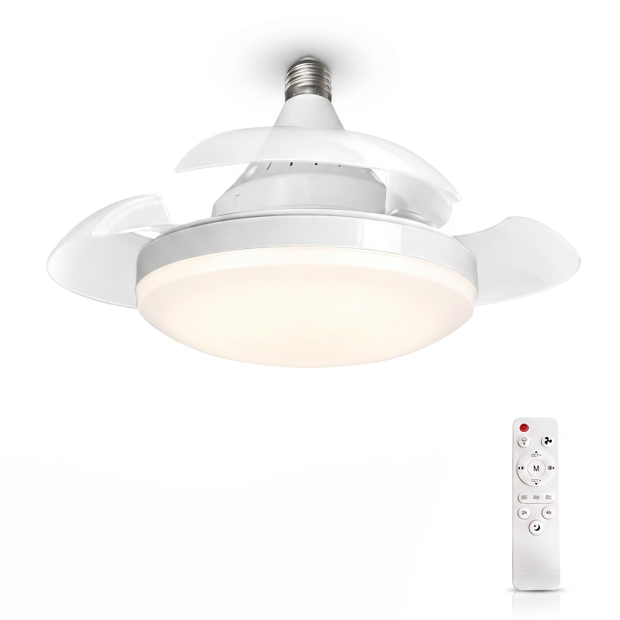MARSI Ventilador de Techo con Luz LED 40 cm, Lámpara Ventilador E27, 3 Aspas Retráctiles PC, Motor DC, 3 Velocidades, Luz Regulable, Mando IR, para Dormitorio y Estudio