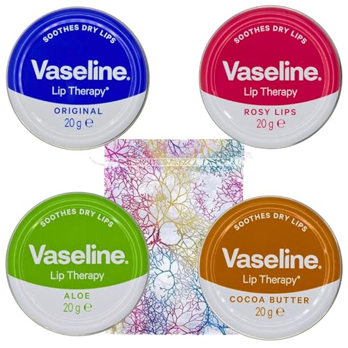 Lip Balm 4 X 20g (Rosy Lips, Cocoa Butter, Aloe, Original) Lip Balm Set Bundle with Glameno Drawstring Organza Bag